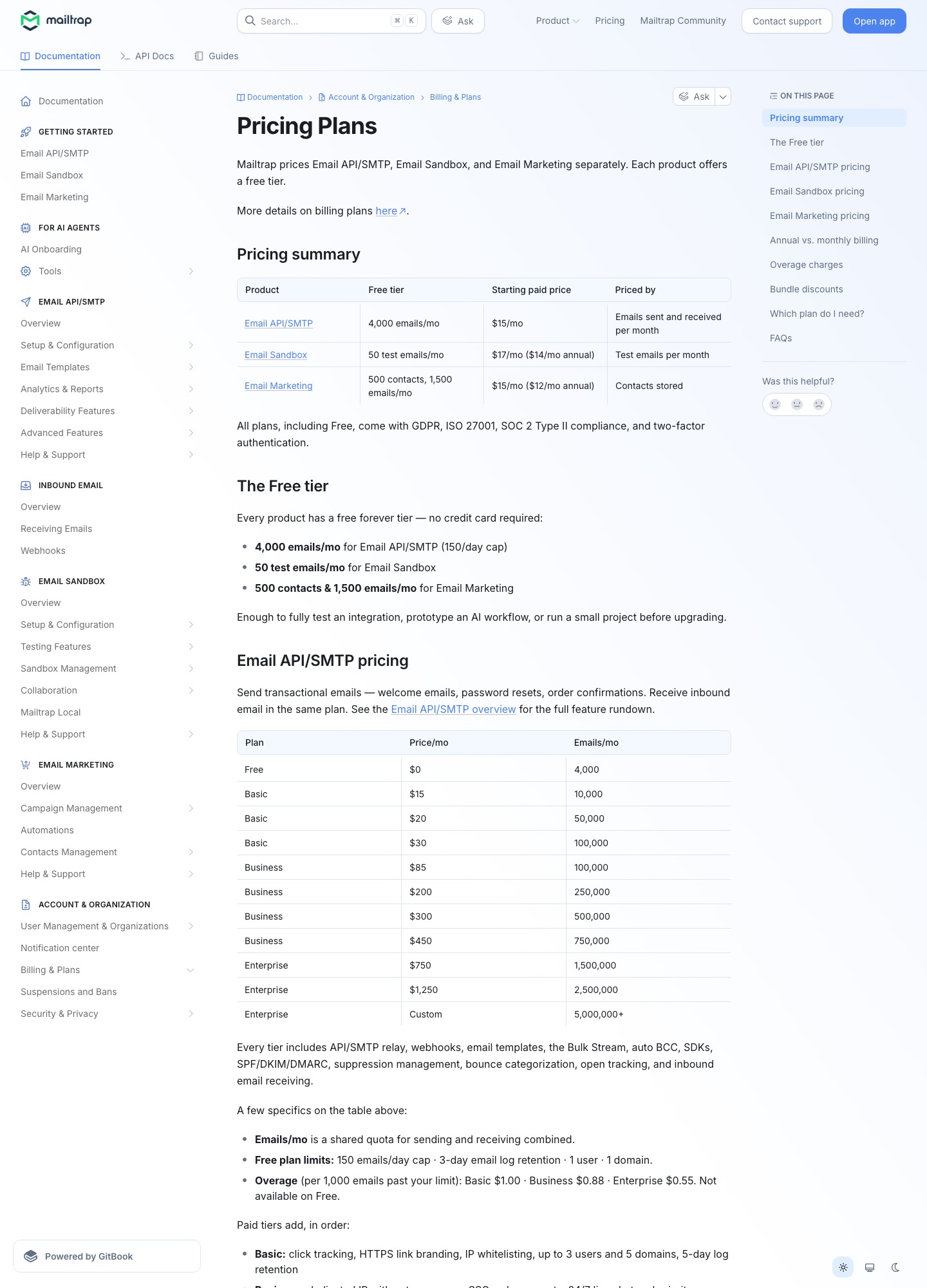 Mailtrap pricing plans documentation page, captured Oct 2026