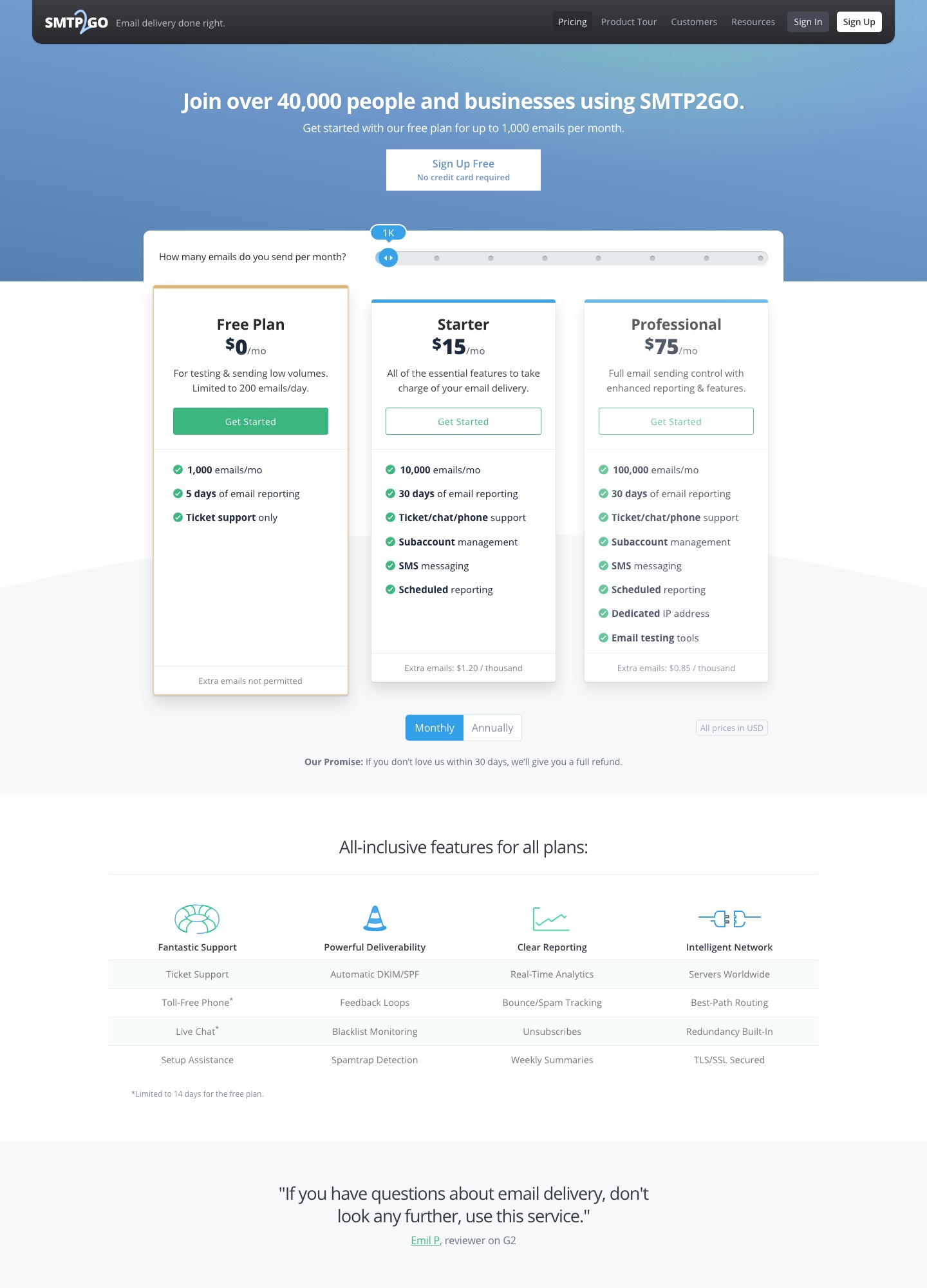 SMTP2GO pricing page, captured Oct 2026